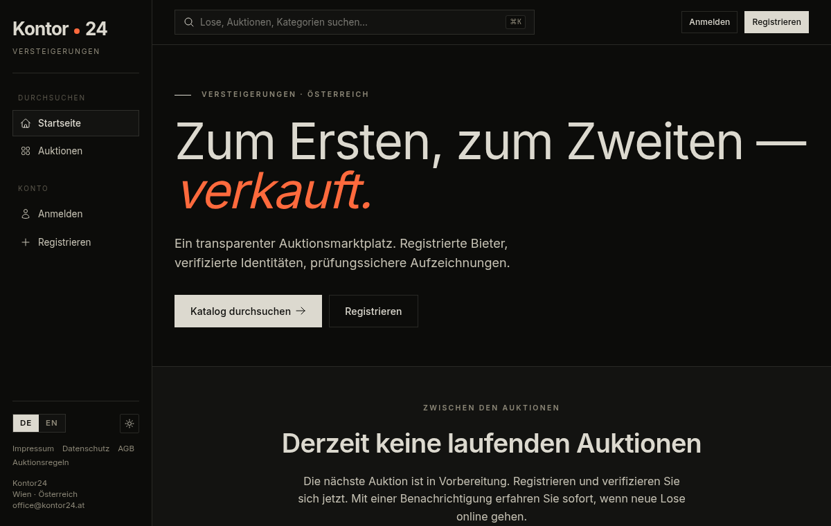 Kontor24, Startseite der Auktionsplattform
